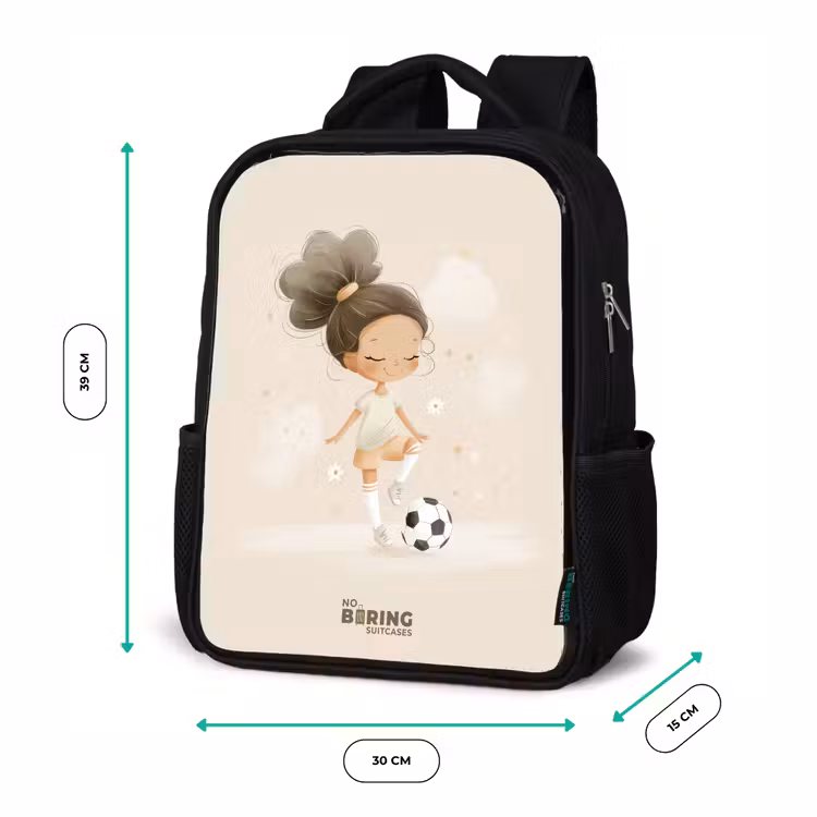 Meisje met een voetbal in beige kleuren Rugzak - Zwart middel -productfoto_formaten