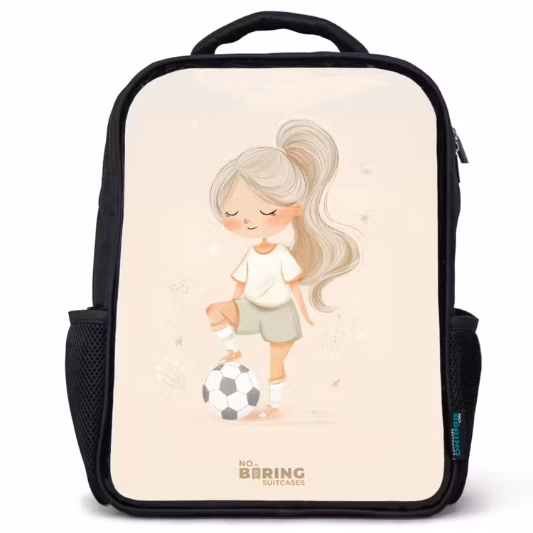 Meisje met een voetbal in beige kleuren Rugzak - Zwart middel -3d