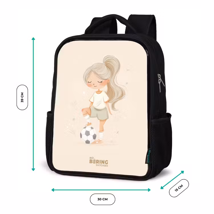 Meisje met een voetbal in beige kleuren Rugzak - Zwart middel -productfoto_formaten