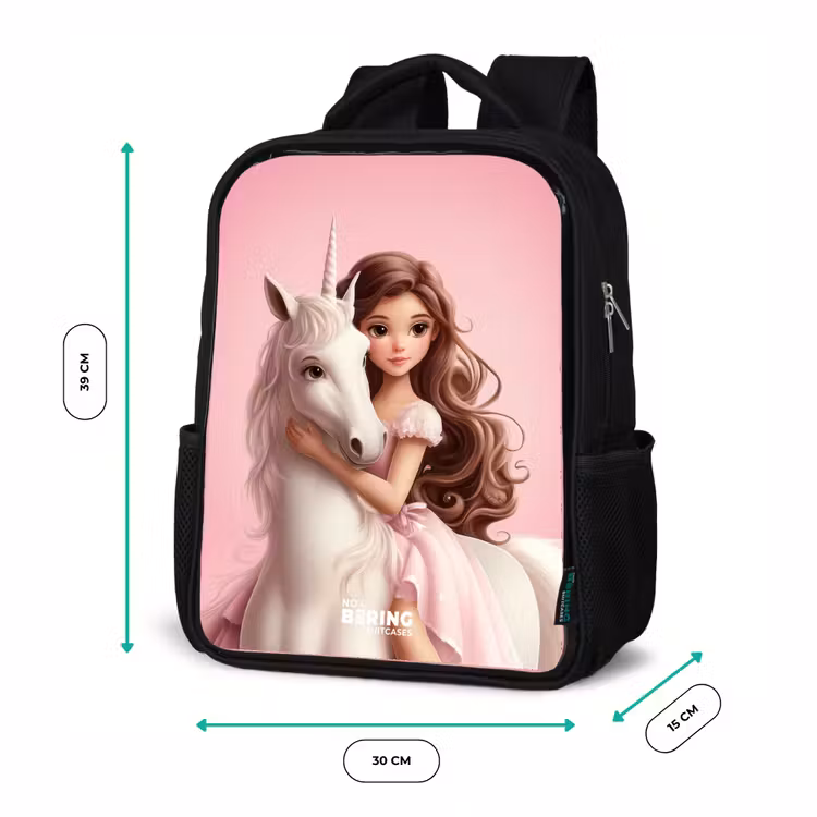 Meisje met witte eenhoorn op roze achtergrond Rugzak - Zwart middel -productfoto_formaten