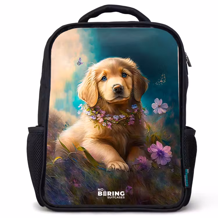 Goudkleurige puppy in het gras Rugzak - Zwart middel -3d
