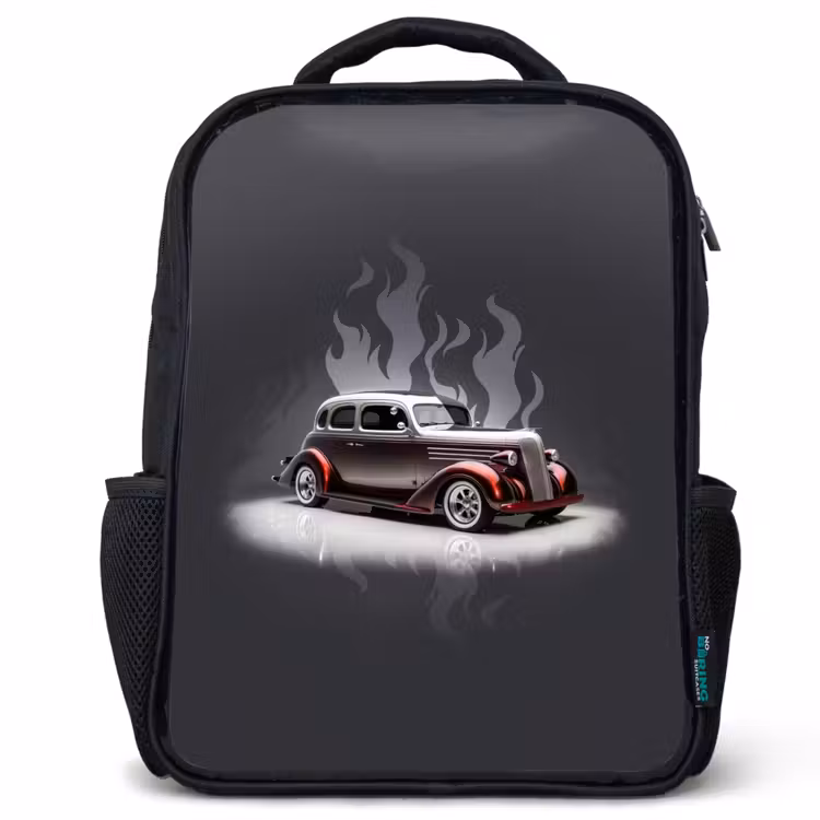 Grijze auto met grijze vlammen Rugzak - Zwart middel -3d