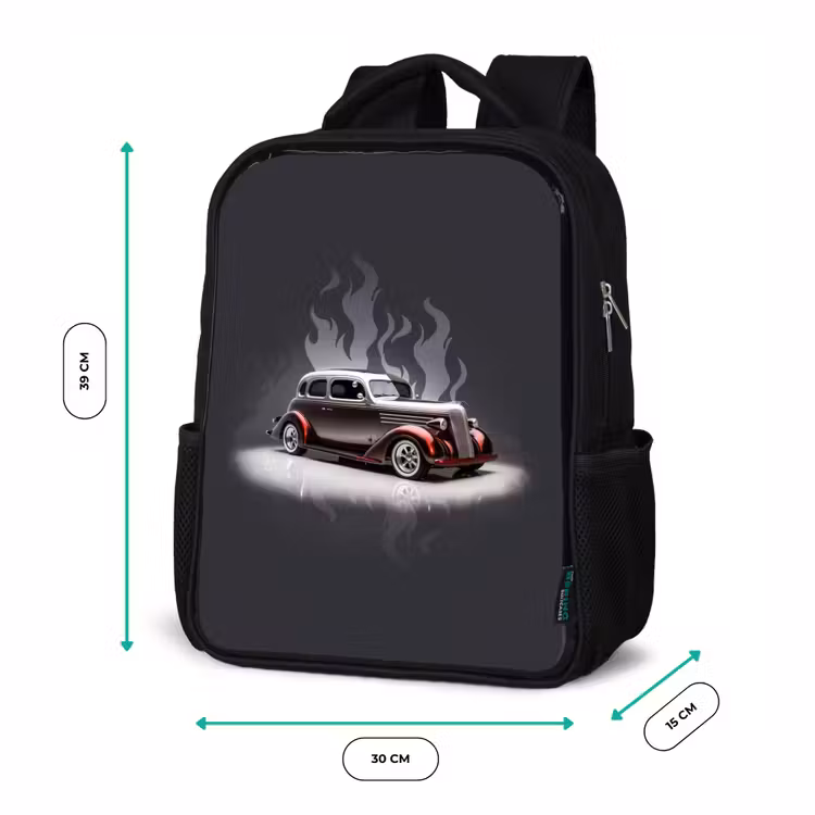 Grijze auto met grijze vlammen Rugzak - Zwart middel -productfoto_formaten