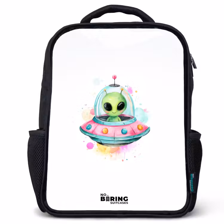 Groene alien in kleurrijke UFO Rugzak - Zwart middel -3d