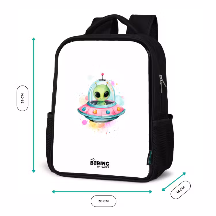 Groene alien in kleurrijke UFO Rugzak - Zwart middel -productfoto_formaten