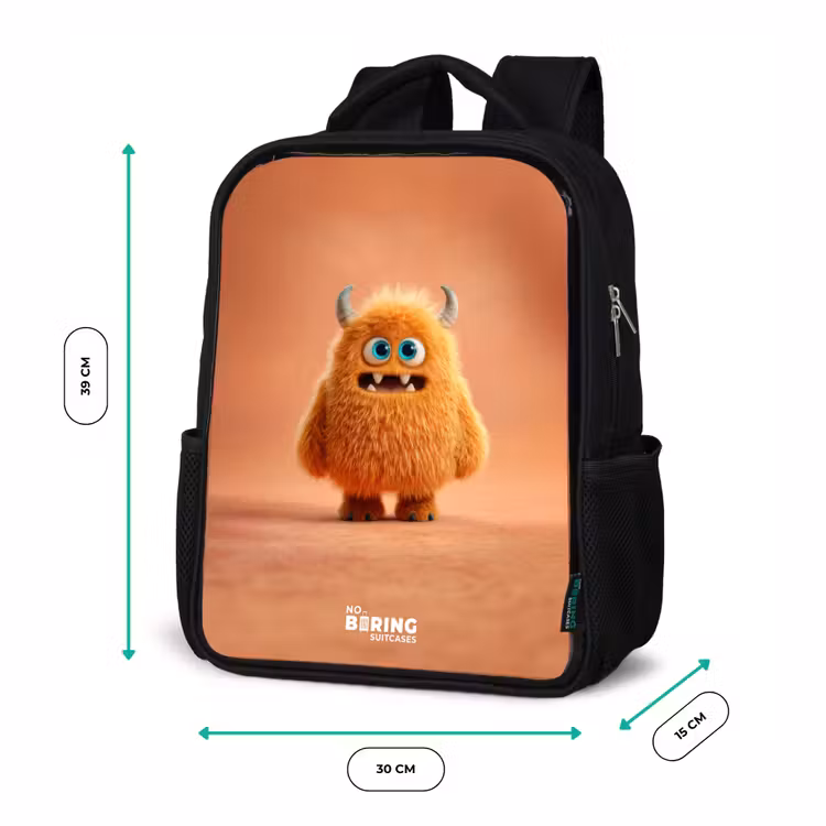 Oranje Pluizig Monster met Hoorns Rugzak - Zwart middel -productfoto_formaten