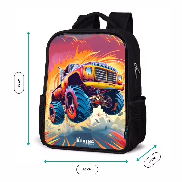 Roze Monstertruck Vliegt over het Asfalt Rugzak - Zwart middel -productfoto_formaten