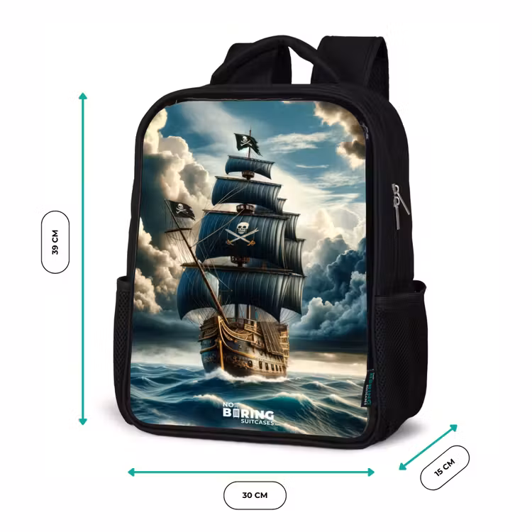 Piratenschip op een woeste zee Rugzak - Zwart middel -productfoto_formaten