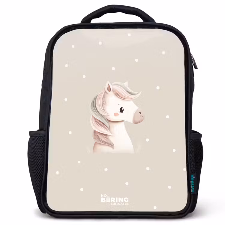 Pony omringd door stippen in beige kleuren Rugzak - Zwart middel -3d