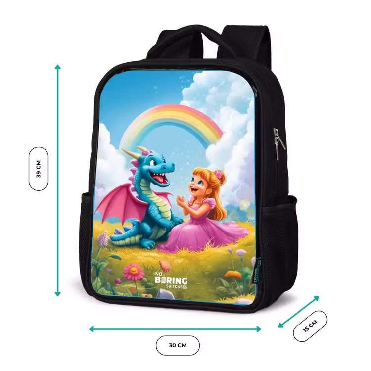 Prinses en dino in een kleurrijke wereld Rugzak - Zwart middel -productfoto_formaten