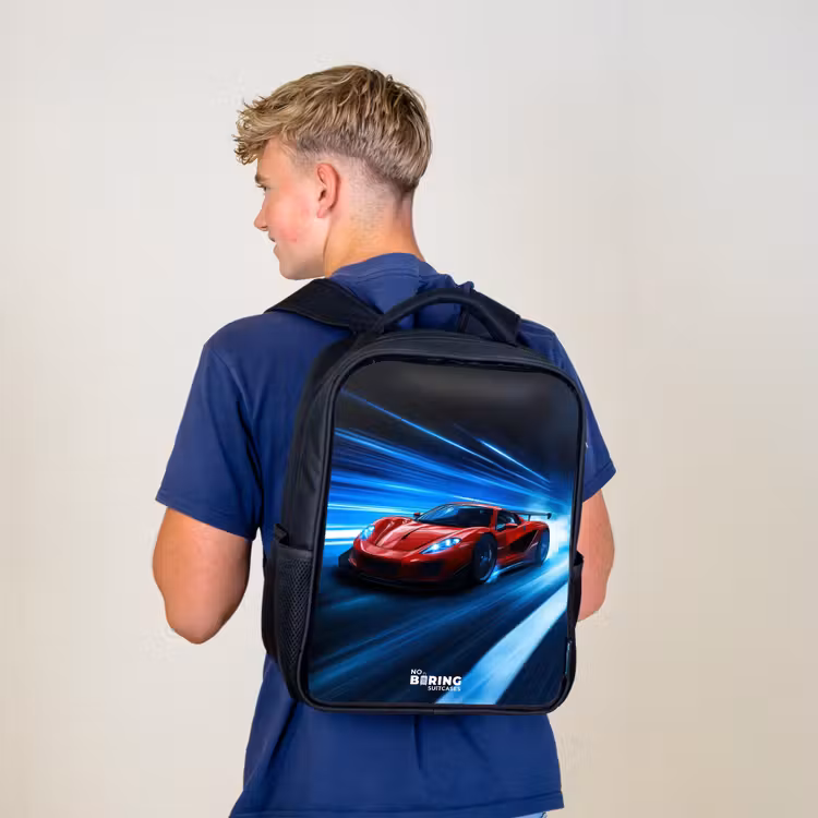 Rode racewagen in digitale snelheidswereld Rugzak - Zwart middel -sfeer8