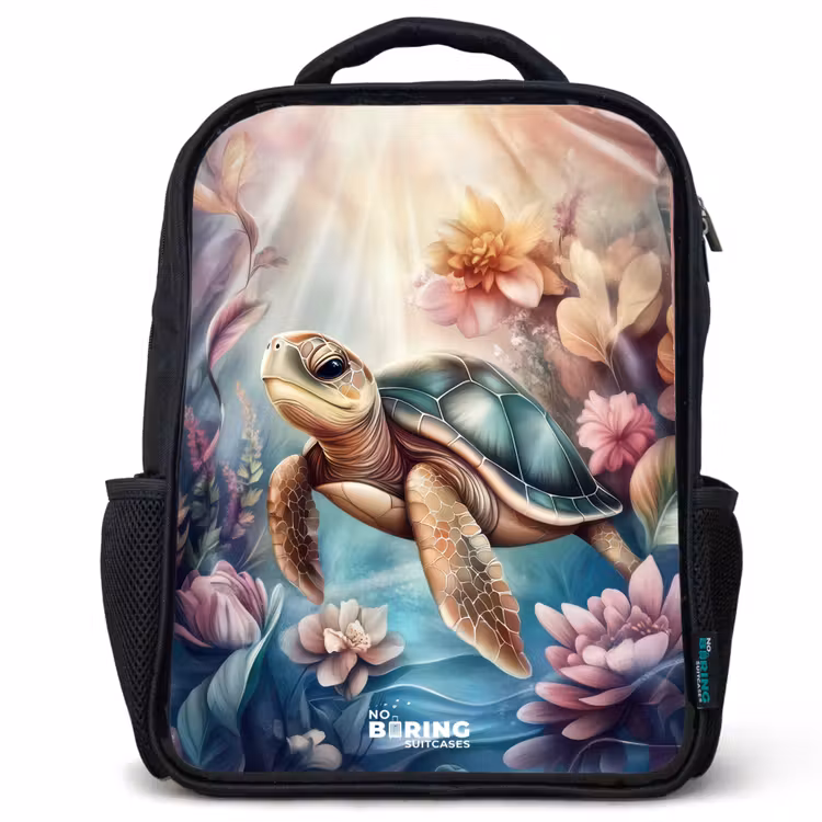Zeeschildpad tussen bloemen onder water Rugzak - Zwart middel -3d