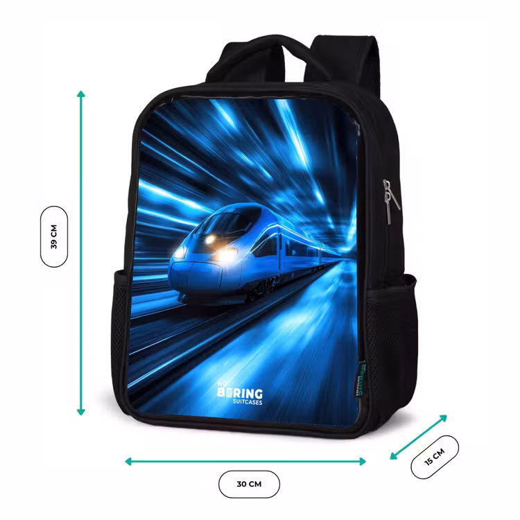 Supersnelle trein in neonblauwe tunnel Rugzak - Zwart middel -productfoto_formaten