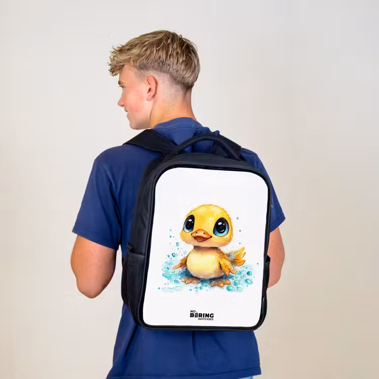 Lief eendje met blauwe ogen en waterspetters Rugzak - Zwart middel -sfeer8