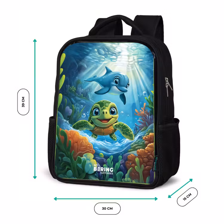 Schildpad en dolfijn in blauwe oceaan Rugzak - Zwart middel -productfoto_formaten