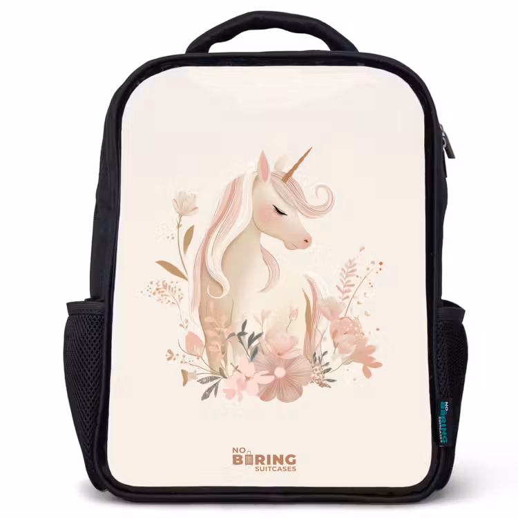 Eenhoorn tussen bloemen in roze pastel kleuren Rugzak - Zwart middel -3d