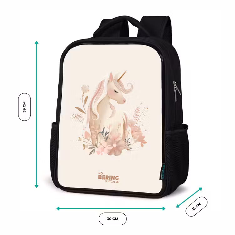 Eenhoorn tussen bloemen in roze pastel kleuren Rugzak - Zwart middel -productfoto_formaten