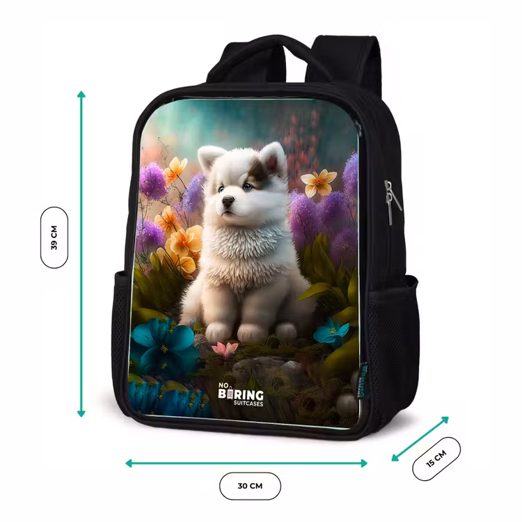 Witte puppy in een bloemenweide Rugzak - Zwart middel -productfoto_formaten