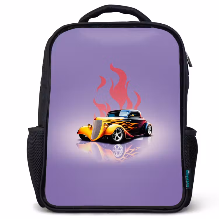 Gele auto met roze vlammen Rugzak - Zwart middel -3d