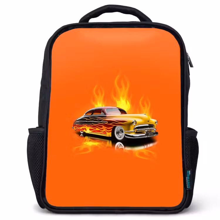 Gele auto met gele vlammen Rugzak - Zwart middel -3d