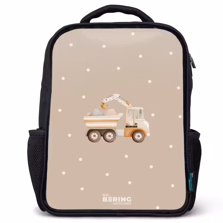 Gele kiepwagen met stenen en stippenpatroon Rugzak - Zwart middel -3d