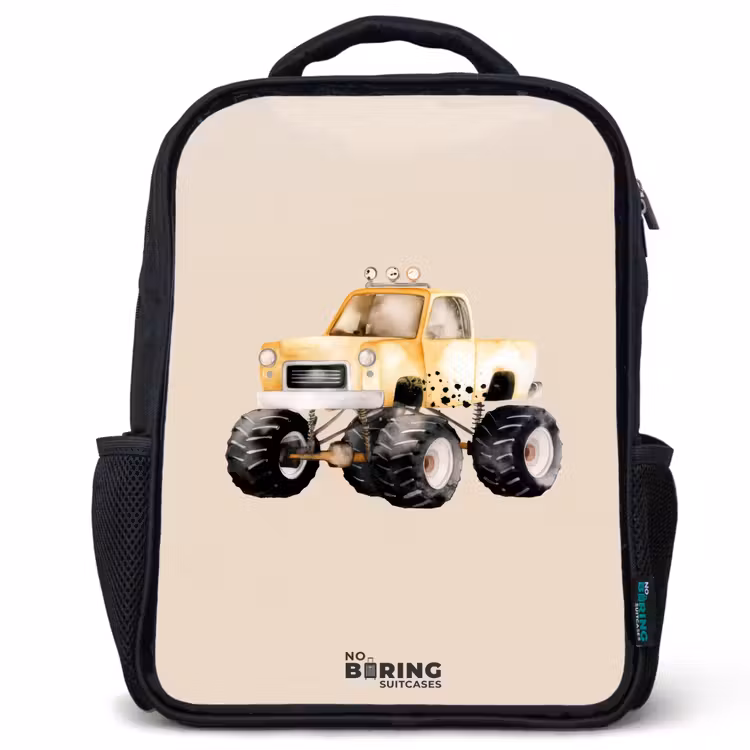 Gele monstertruck op een beige achtergrond Rugzak - Zwart middel -3d