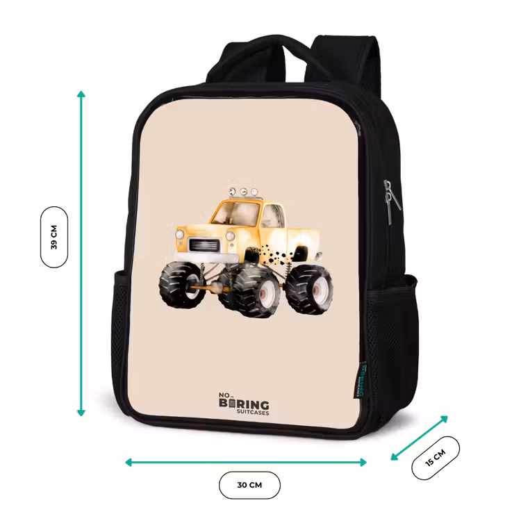 Gele monstertruck op een beige achtergrond Rugzak - Zwart middel -productfoto_formaten