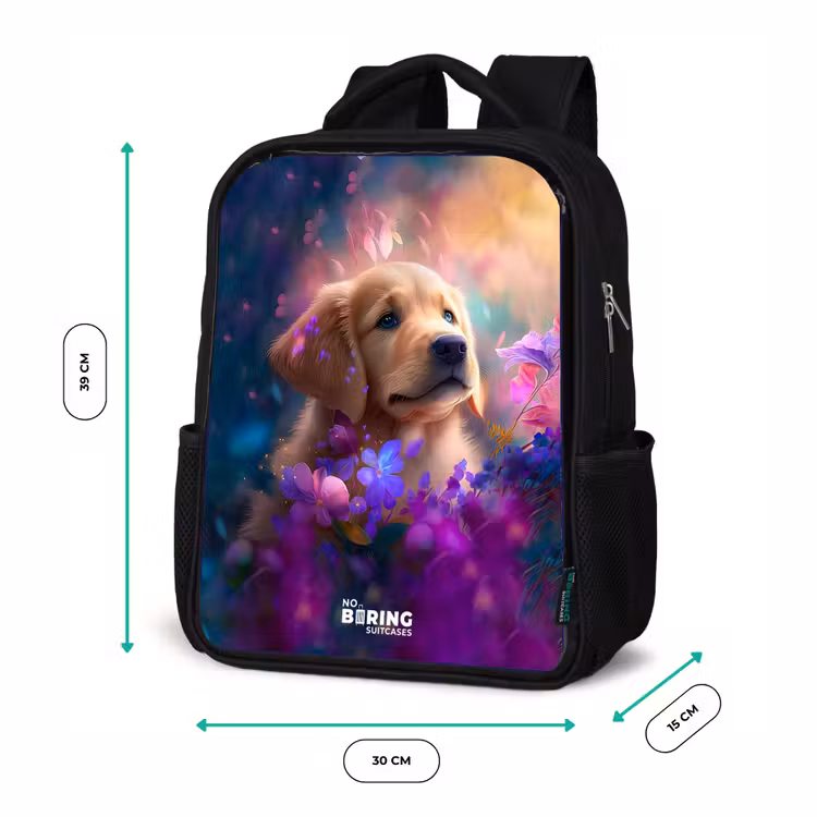 Jonge hond tussen felgekleurde bloemen Rugzak - Zwart middel -productfoto_formaten