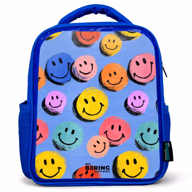 Een speels en kunstzinnig patroon van kleurrijke smileys Kinderrugzak - Blauw middel -3d