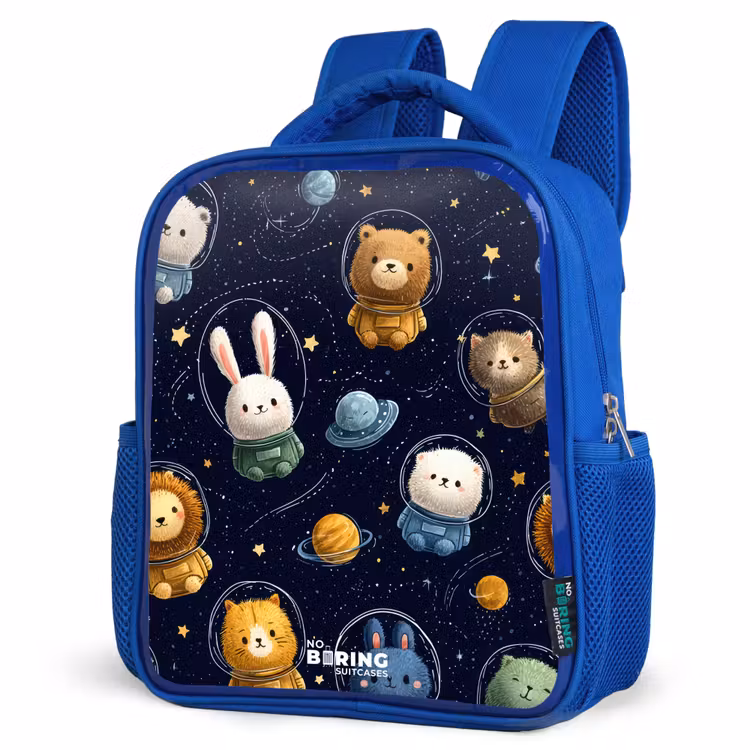 Dieren - Astronaut - Planeten - Sterren Kinderrugzak - Blauw middel -schuin