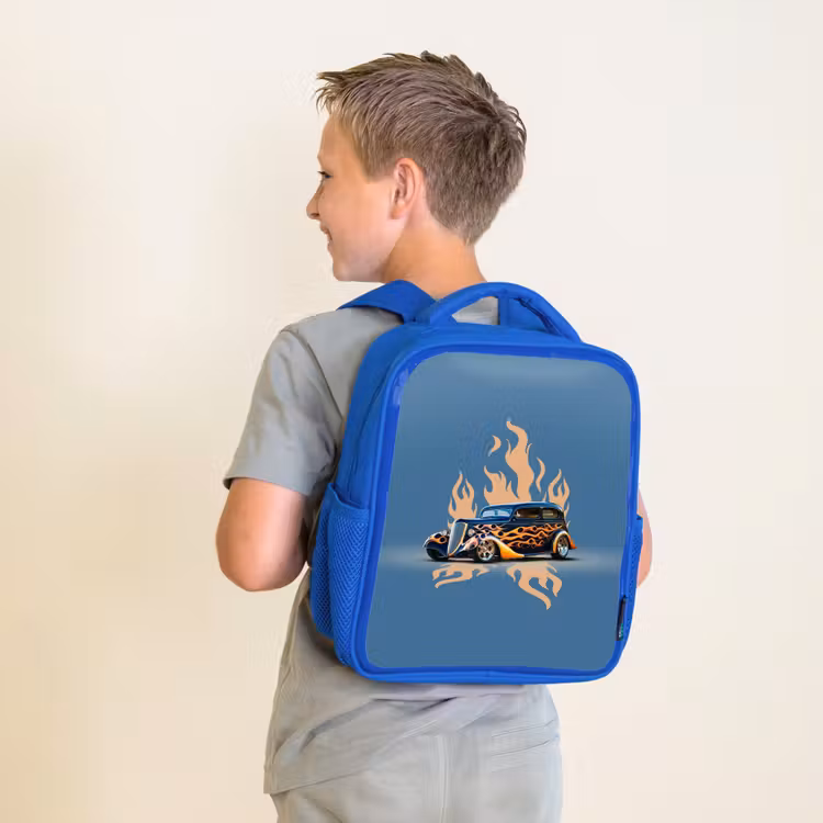 Zwarte auto met beige vlammen Kinderrugzak - Blauw middel -sfeer2
