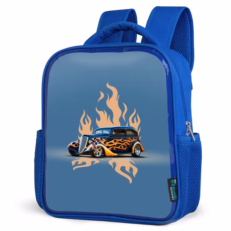 Zwarte auto met beige vlammen Kinderrugzak - Blauw middel -schuin