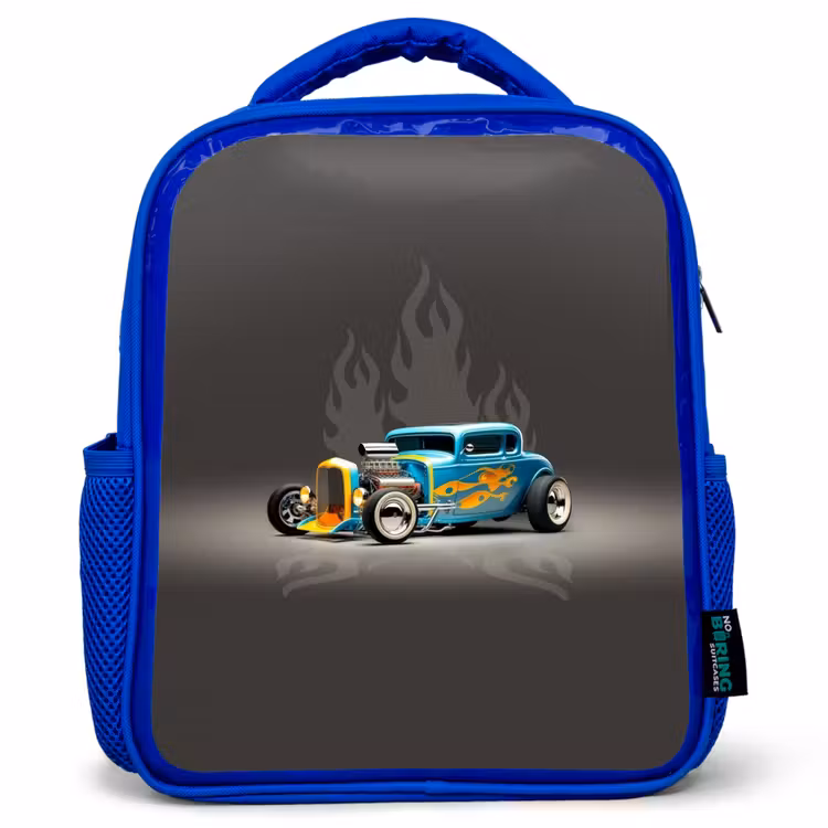Blauwe auto met grijze vlammen Kinderrugzak - Blauw middel -3d