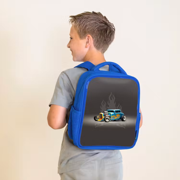 Blauwe auto met grijze vlammen Kinderrugzak - Blauw middel -sfeer2