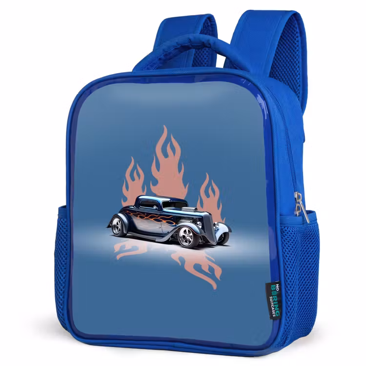 Blauwe auto met roze vlammen Kinderrugzak - Blauw middel -schuin