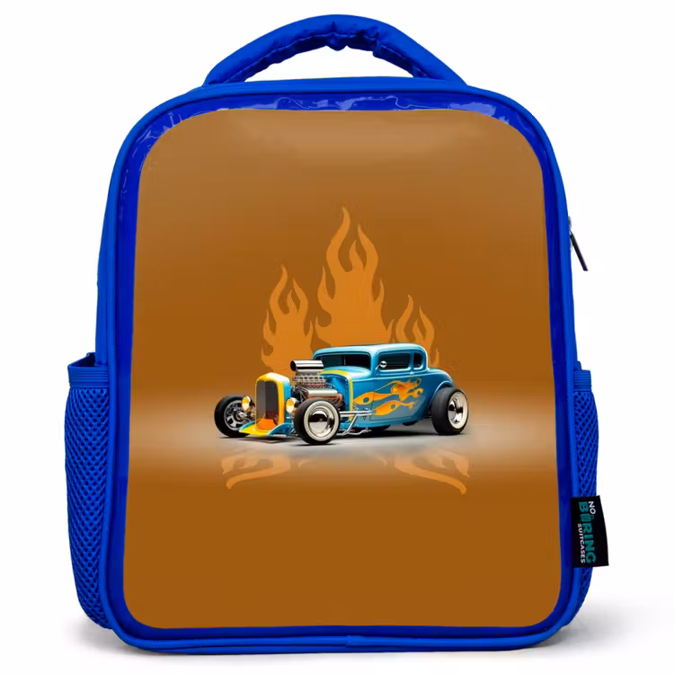 Blauwe auto met gele vlammen Kinderrugzak - Blauw middel -3d