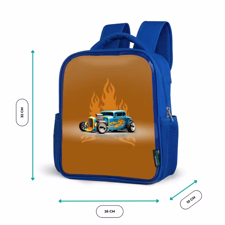 Blauwe auto met gele vlammen Kinderrugzak - Blauw middel -productfoto_formaten