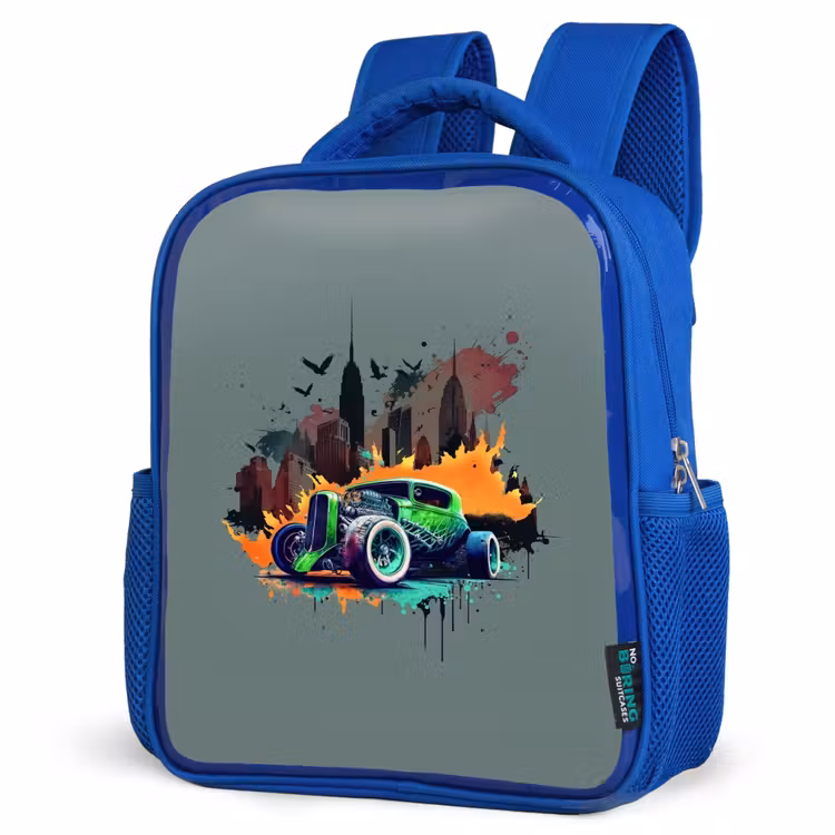 Auto in spookstad Kinderrugzak - Blauw middel -schuin