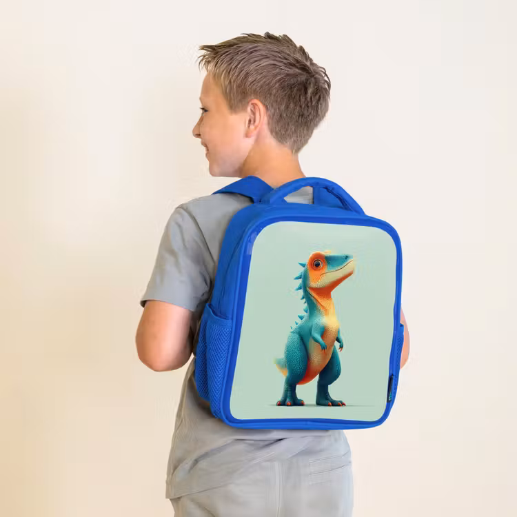 Cartoon - Dino - Oranje - Stekels Kinderrugzak - Blauw middel -sfeer2