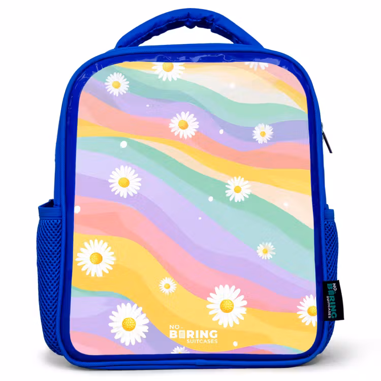Madeliefjes op regenboogachtergrond Kinderrugzak - Blauw middel -3d