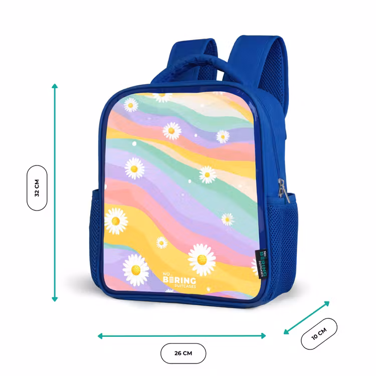 Madeliefjes op regenboogachtergrond Kinderrugzak - Blauw middel -productfoto_formaten