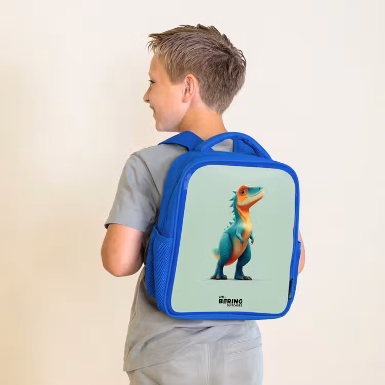 Dino - Dier - Groen - Oranje Kinderrugzak - Blauw middel -sfeer2