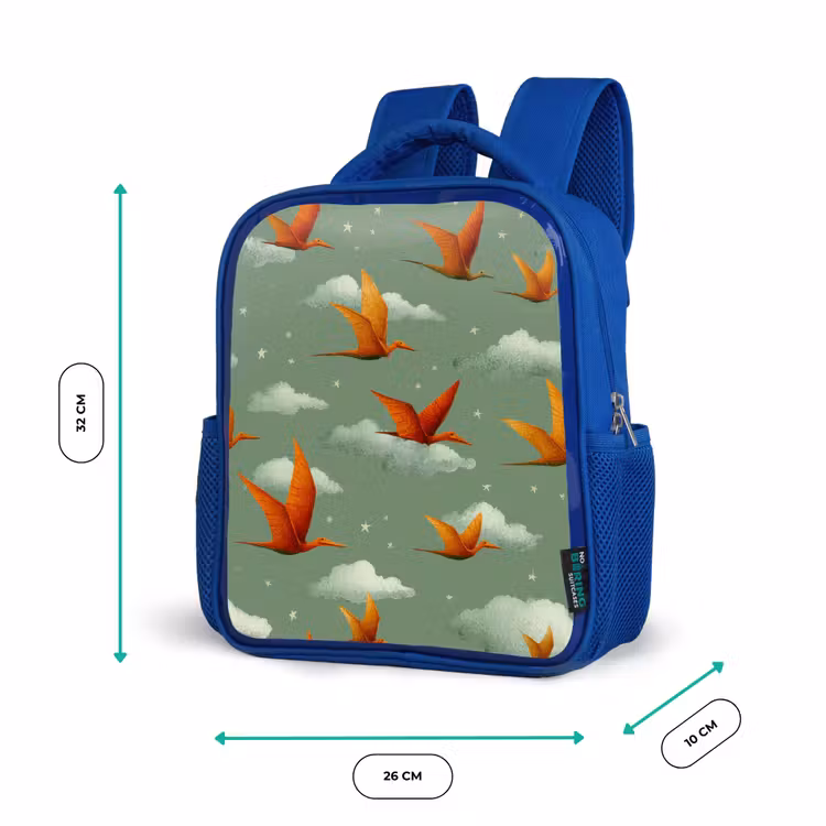 Dinosaurussen - Wolken - Sterren - Oranje Kinderrugzak - Blauw middel -productfoto_formaten