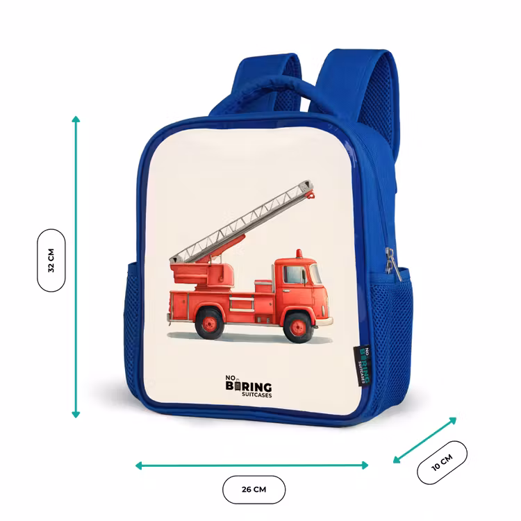 Brandweerwagen - Getekend - Rood Kinderrugzak - Blauw middel -productfoto_formaten