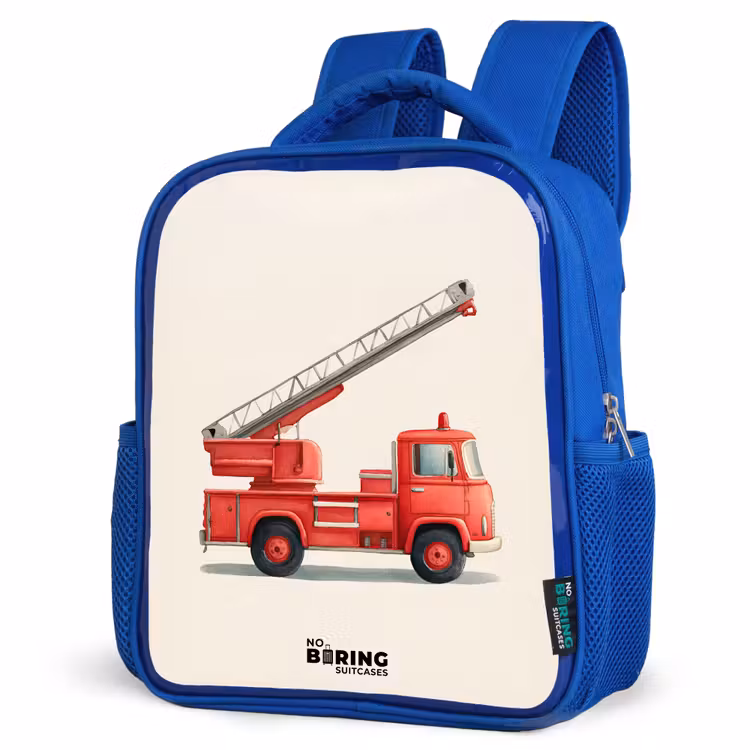 Brandweerwagen - Getekend - Rood Kinderrugzak - Blauw middel -schuin