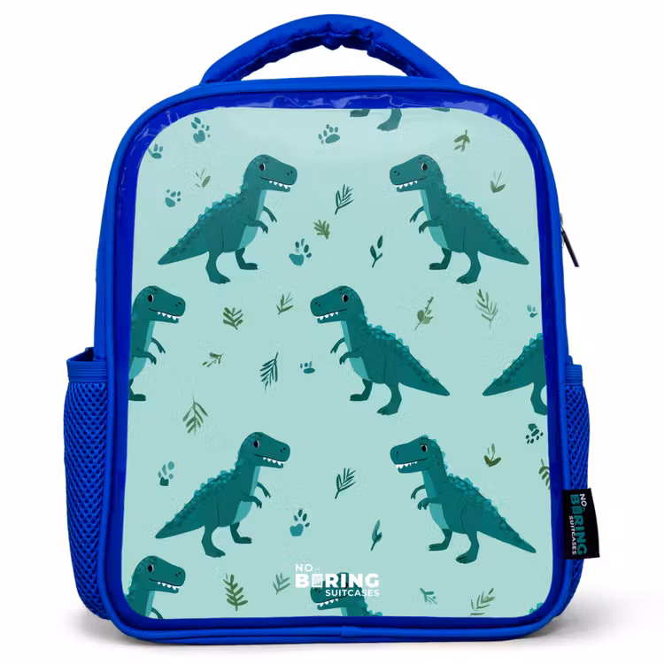 Vriendelijke T. rex tussen sporen Kinderrugzak - Blauw middel -3d