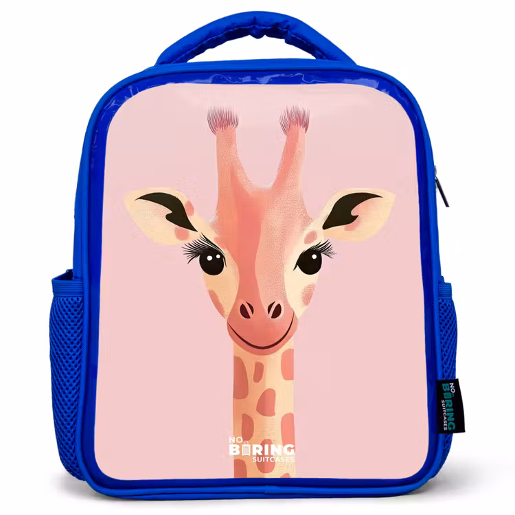 Giraffe - Wimpers - Minimalistisch - Roze Kinderrugzak - Blauw middel -3d
