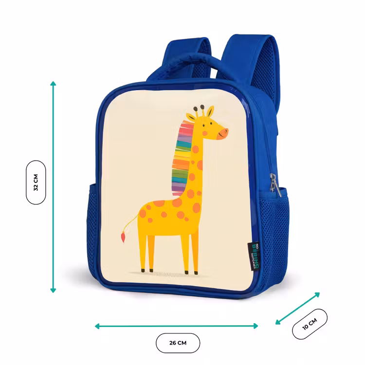 Giraffe - Regenboogmanen - Beige Kinderrugzak - Blauw middel -productfoto_formaten