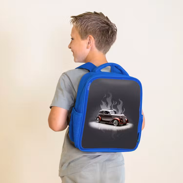 Grijze auto met grijze vlammen Kinderrugzak - Blauw middel -sfeer2