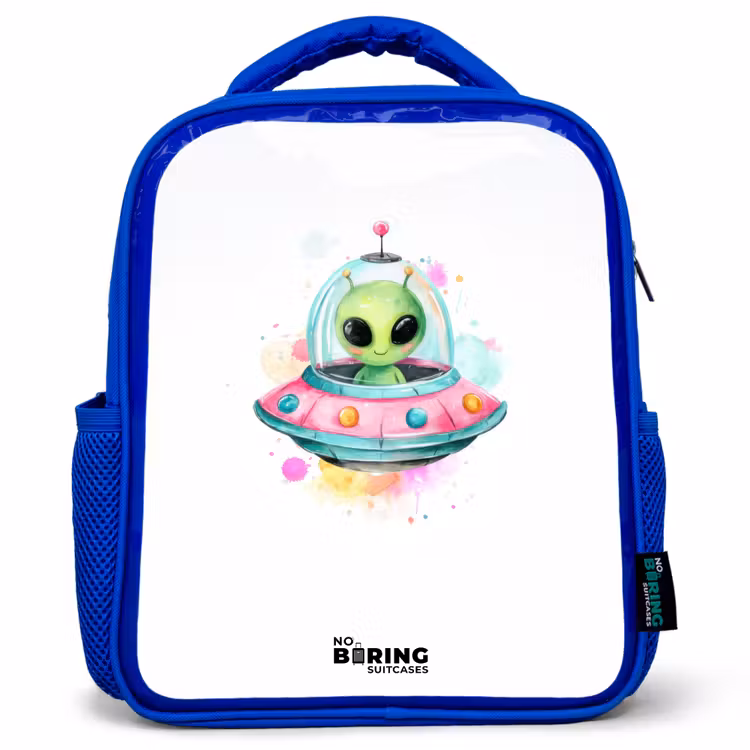 Groene alien in kleurrijke UFO Kinderrugzak - Blauw middel -3d